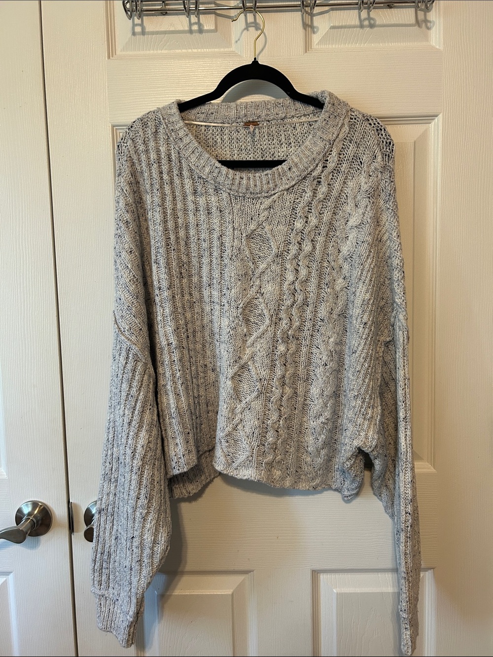 Free People Marled Light Gray Cable Knit Crewneck Sweater